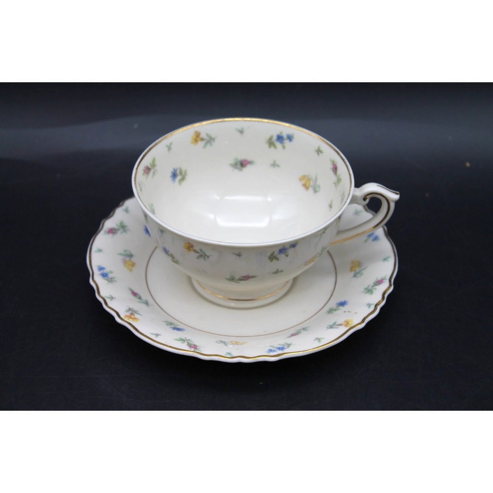 Vintage Federal Shape Syracuse China Teacup & Saucer Set Floral Gold Trim USA